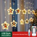 Warm white LED star curtain lights with Christmas ornaments and USB remote control - USB Remote Control / Warm White
