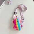 Macro detail of rainbow unicorn fidget crossbody bag with adjustable patterned strap - Rose Gold Rainbow