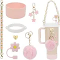 Pink floral accessory set for 40oz tumbler with straw cover and silicone boot - Light Pink