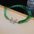 Multi-layer green beaded necklace featuring a silver crystal-encrusted butterfly clasp - 35# Multilayer Green Beaded Butterfly Clasp Necklace / Green