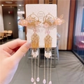 Pink and gold Hanfu hair clip pair with long metal tassels and delicate flower petals - Tiangong Pink Flower Tassel
