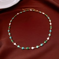 Vintage style gold necklace with green and white enamel heart charms on red silk - 61# Necklace-Gold-Green