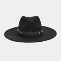 Close-up of vintage metal bull head buckle and turquoise beads on black wide brim fedora - M (56-58cm) / Vintage Steer Skull Buckle and Blue Bead Style (Color 8#)