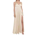 Détails de la robe de soirée en satin champagne avec fente haute et fines bretelles - US 14 / Haut Et Bas / Bleu foncé