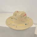 Artistic hand-painted splatter detail on beige straw fedora hat for women - M / Khaki (Graffiti Splatter)
