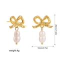 18K gold bowknot earrings with baroque pearls and size dimensions shown on white background - Gold