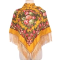 Detail of yellow ethnic floral scarf with tassels and drape on mannequin model - Yellow