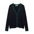 Gilet en maille torsadée pour femmes avec col en V et rayures contrastées style chic - S / Noir