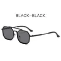 Steampunk double bridge polygon sunglasses featuring black frames and dark grey lenses - Black Frame Black Grey Lens