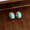 Close-up of vintage oval turquoise stud earrings with rose gold borders on wood - S925 Sterling Silver Pin Turquoise Stud Earrings - Gold - Blue