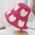 Cappello parasole in paglia all'uncinetto rosa e bianco con cuori su supporto - Taglia Unica (54-58cm) / Rosa Rosso