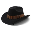 Chapeau de cowboy en daim noir classique avec bande en cuir marron et larges bords - M(56-58cm) / 100% Polyester / Suédine Noire