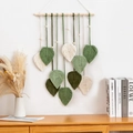 Handmade green leaf macrame wall hanging with cotton rope and wooden beads - Five Colors Ten Leaves Green