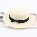 Chapeau de paille blanc crème à bord plat avec ruban noir pour plage et vacances d'été - Crème