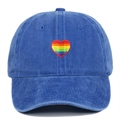 Close-up of rainbow heart embroidery on blue washed cotton baseball cap with fine stitching - Adjustable / Sapphire Blue