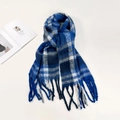 Blue plaid mohair scarf with soft plush texture and long decorative fringes - Blue Plaid