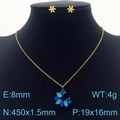 Golden titanium steel jewelry set with blue crystal petal pendant and flower earrings - Necklace + Earrings Set / Light Blue (KS201522-GG)