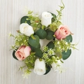 Artificial rose candle ring with pink buds and eucalyptus leaves for table decor - Light Pink