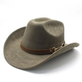 Detail of the brown felt cowboy hat showing the leather band and gold horsebit buckle - M(56-59CM) / Army Green (Faux Suede)