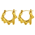 Golden irregular wave hoop earrings with polished lava texture finish in stainless steel - Lava Fluid Irregular Hoop