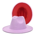 Detail view of two-tone wide brim fedora hat in lavender purple and vibrant red wool felt - M (56-58cm) / Taro Purple + Red