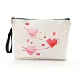 Canvas makeup bag with pink heart patterns, zip closure and wrist strap for women - Style 3