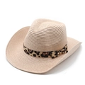 Detail of straw cowboy hat featuring leopard print ribbon and fine woven texture - M (56-58cm) / Pink