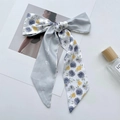 Floral gray-blue long silk scarf headband with purple roses and yellow floral patterns - Romantic Chinese Rose Grey