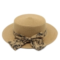 Classic boater straw hat with wide brim featuring a floral print bow for sun protection - Khaki / M (56-58cm)