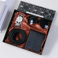 Men's gift set featuring a silver watch, aviator sunglasses, leather belt, and wallet - 5-Piece Black Set (Sunglasses + Auto Buckle + Belt + Wallet + Gift Box)
