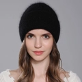 Gorro de punto de angora negro para mujer con hilos plateados brillantes y textura suave - Negro