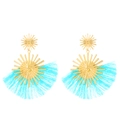 Bohemian light blue fan tassel earrings with gold sunburst metal and pearl accents - Blue