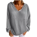 Detail of grey chunky knit hooded cardigan featuring breathable loose texture and V-neckline - S / Light Gray