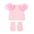 Ensemble bonnet tricoté rose pour bébé avec pompons et moufles assorties pour l'hiver - Taille S (3-18 Mois) / Rose