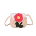 Pink crocheted mini shoulder bag for kids with large flower detail and green leaves - Off White