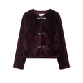Giacca corta da donna in ecopelliccia viola scuro con fibbia in metallo e stile minimal - XS / Rosso Scuro