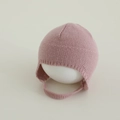 Detail of pink knitted baby hat showing the warm earflaps and honeycomb weave pattern - 3-15 Months / Pink