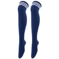 Navy blue over-knee high socks with triple white stripes in classic varsity style - One Size / Light Navy/White Stripes