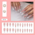 Uñas postizas estilo ataúd de estilo francés con flores 3D y perlas de diseño lujoso - Z713 Flor de Ballet (Estilo Pegamento)