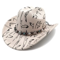 Classic cream western cowboy hat with black bird print and ethnic beaded band detail - M (56-58cm) / Flat Top Beige