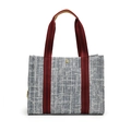 Borsa tote in denim intrecciato grigio-blu con manici a righe rosse e fiore dorato - Denim Blu Chiaro