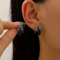 Gothic spider stud earring with black droplet gemstone and white crystals on ear - Gunmetal (Gunmetal X502)