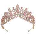 Detailed view of Baroque gold crown featuring pear-shaped pink gems and sparkling rhinestones - KC Gold White Rhinestone + Pink Opal