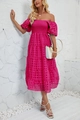 Detail of fuchsia off-shoulder tiered dress showing bubble sleeves and grid texture - S / Rose Red