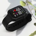 Black square LED digital sports watch with heart rate and fitness tracker on marble backdrop - Black