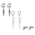 Set of three silver stainless steel earrings featuring cross chains and spike dangles - Set 4 (Silver - Spike/Connected Cross/Round Disc)