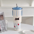 Cream white insulated tumbler with blue lid, straw handle and cute black cat print - Blue White Grid - Good Luck Cat