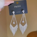 Elegant long S925 silver tassel earrings with shimmering crystals and geometric design - E0064 Silver Needle (Geometric Triangle Full Diamond Tassel Silver)
