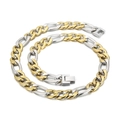 Collar de cadena Figaro bicolor en plata y oro con cierre seguro en fondo blanco - 11mm 45cm Collar Bicolor (KN225239-Z)