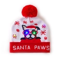 Red LED knit Christmas hat featuring a Santa Paws bulldog pattern and white pompom - Red White-Bulldog Santa Paws